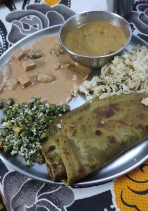 A picture of Winter palak peas paratha, beans, jeera pulao.
