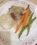 Arroz con lomito de cerdo y champiñónes en salsa bechamel y vegetales bebe salteado con paprika