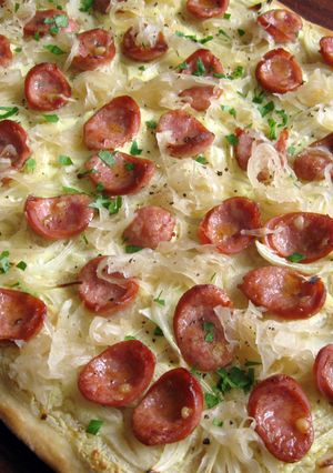 A picture of Smoked Sausage & Sauerkraut Flammkuchen.