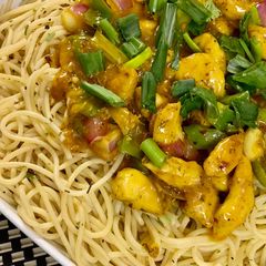 A picture of Mango Habanero Chicken with Olio Spaghetti.