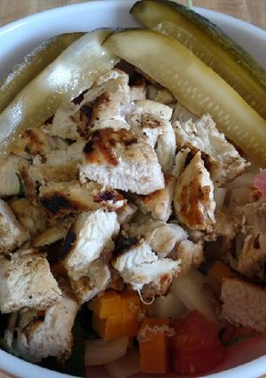 A picture of Smoked Whiskey Pickle Grilled Chicken Salad.