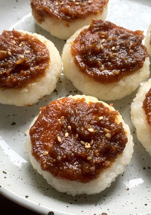 A picture of Pounded Rice Cakes with Sweet Miso & Walnut Sauce.
