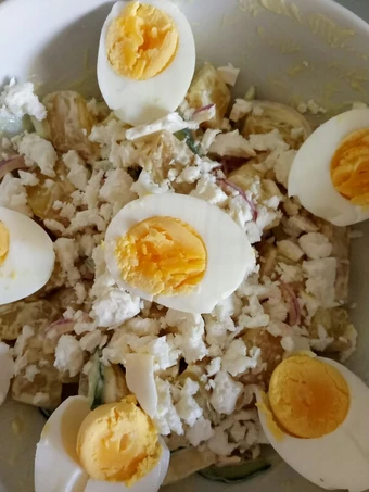 Easy Way Prepare Potato, cucumber and feta salad with Fluffy&#39;s caesar dressing the Can Spoil the Tongue Delicious