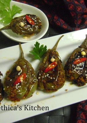 A picture of Ramadan Special - Raw Mango Stuffed Baby Eggplants.