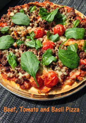 A picture of Beef, Tomato and Basil Pizza.