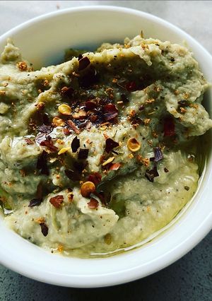 A picture of Whole moong beans & chickpea hummus.