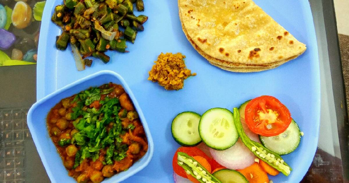 Lunch, Chapati, Salad, Bhindi Masala, Soyabean Matar Ki Sabzi Recipe By ...