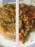Arroz con gurumelos y pimientos en paella