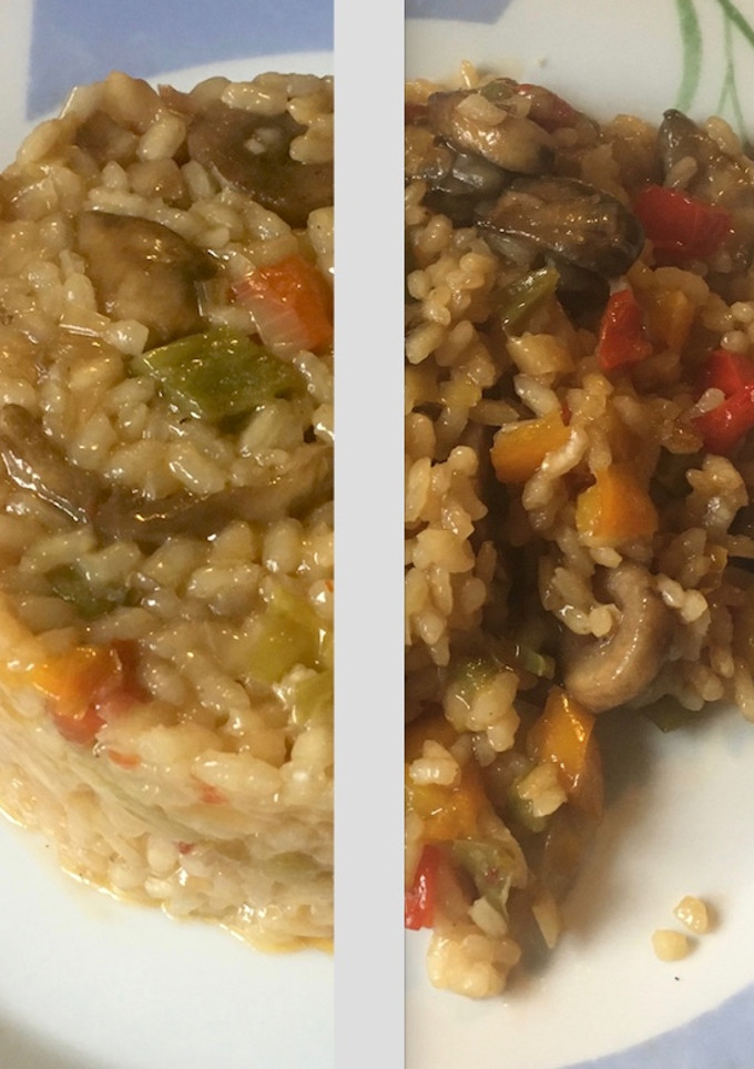 Una foto de Arroz con gurumelos y pimientos en paella