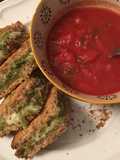 Low fat “grilled” cheese pesto sandwich and tomato soup