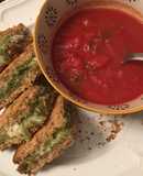 Low fat “grilled” cheese pesto sandwich and tomato soup