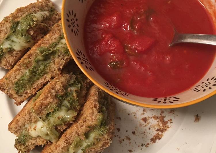 My Favorite Low fat “grilled” cheese pesto sandwich and tomato soup