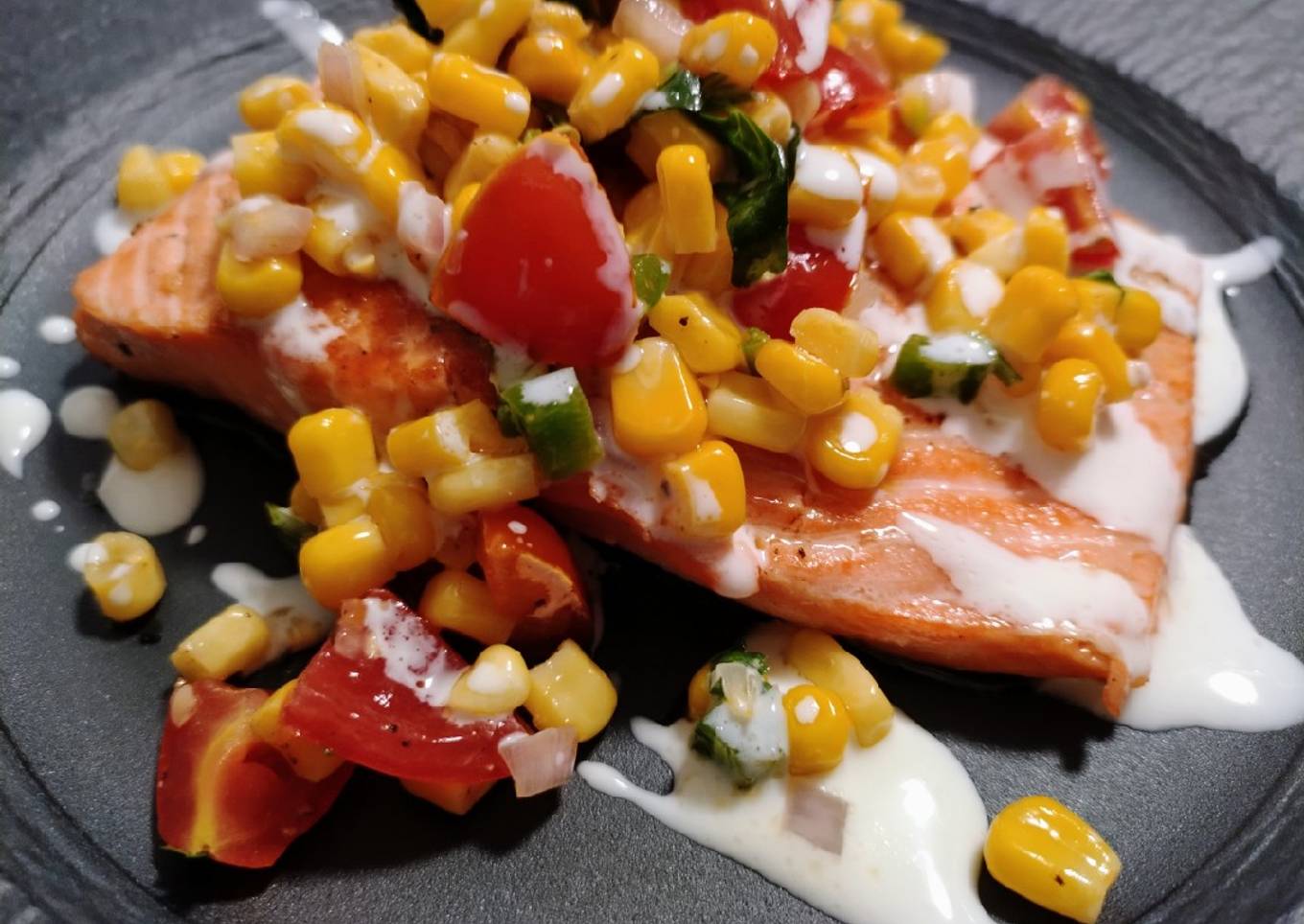 Pan-seared steelhead trout with corn salsa and lime cream