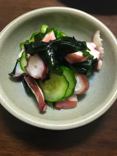 A picture of Cucumber and octopus sunomono.