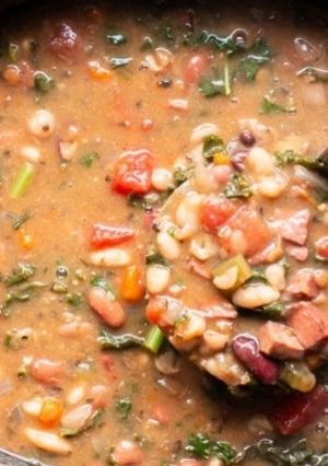 A picture of Slow cooker 15 bean & ham soup with or without pasta.