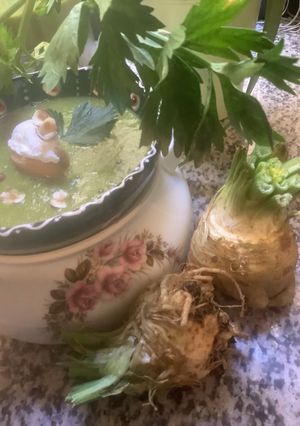 Une photo de 🪹Crème🐄céleri🌿 chavroux🐐 noisettes🌰 🪶🕊️