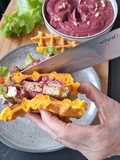 Carrot Waffle Sandwiches with Grilled Tofu and Beet Pesto