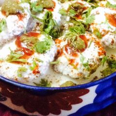 A picture of Flahari  stuffed dahi bhalla.