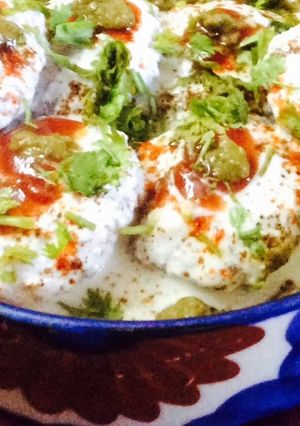 A picture of Flahari  stuffed dahi bhalla.