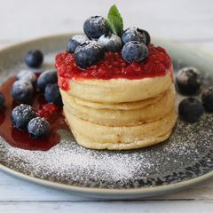 A picture of Sourdough pancake with raspberries soft serve jam🐾🍓 🥞.