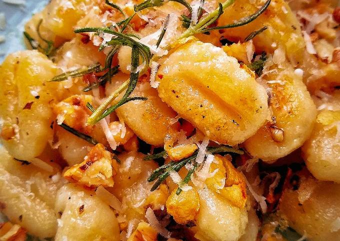 Pan Fried Gnocchi With Crispy Garlic, Toasted Walnuts & Rosemary