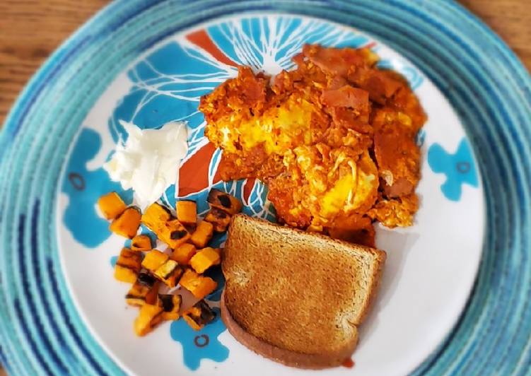 Marinara poached eggs with sweet potatoes