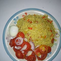Garnished noodles and egg A picture of Garnished noodles and egg.