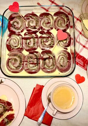 A picture of Pillowy Red Velvet Cinnamon Rolls.