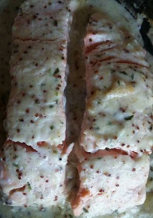 A picture of Salmon with wholegrain mustard bechamel.
