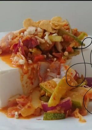 A picture of Steamed Tofu Top Prickle Salad With Peanut And Cornflake.