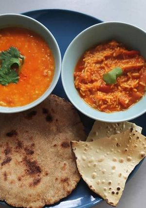 A picture of Millets - Jowar Paratha - Urad Dal - Sev tomato sabji ❤️.