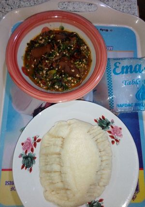 A picture of Okro and meat pie semo.