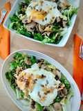 Ensalada templada de champiñón y trigueros con huevo frito con ajos