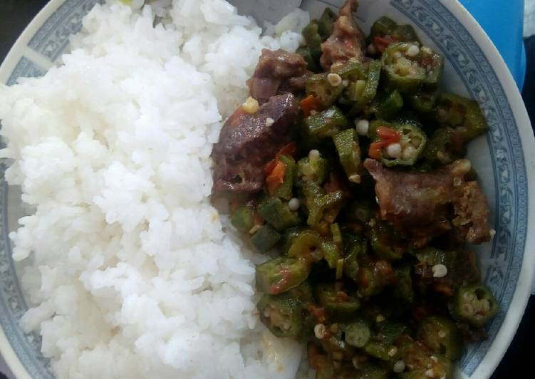Rice served with beef Okra