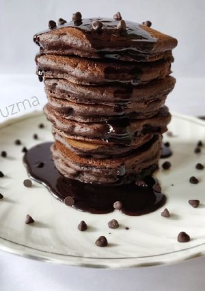 A picture of Eggless Chocolate and Choco chips Pancakes.