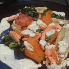 Salmon, squash and kale with lemon and dill yoghurt sauce A picture of Salmon, squash and kale with lemon and dill yoghurt sauce.