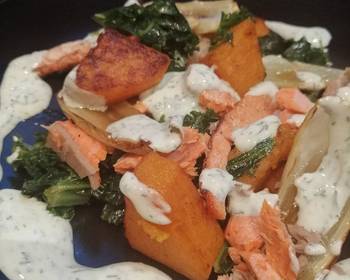 Ultimate Prepare Recipe Salmon squash and kale with lemon and dill yoghurt sauce Yummy