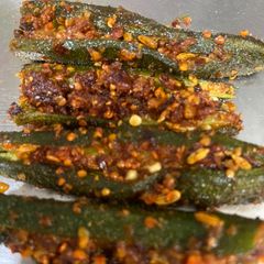 Paneer Aloo stuffed bhindi with achari masala A picture of Paneer Aloo stuffed bhindi with achari masala.