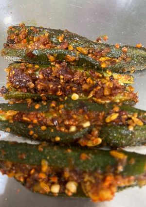 A picture of Paneer Aloo stuffed bhindi with achari masala.