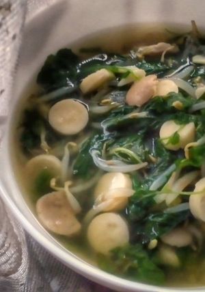 A picture of Spinach Beansprout and Sausage Soup.