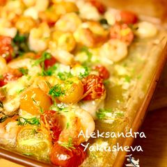A picture of Cod with Shrimp, Cherry Tomatoes, and Mozzarella.