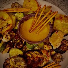 A picture of Grilled Vegetables and Chicken.