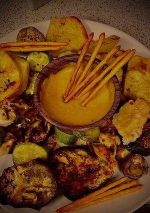 A picture of Grilled Vegetables and Chicken.
