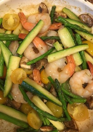 A picture of Shrimp and loaded vegetable scampi.