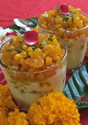A picture of Boondi with Custard Rabdi.