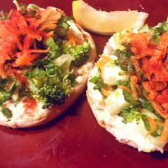 A picture of EASY Hummus, Veggie English Muffin Pizza (kid friendly, budget friendly!) .