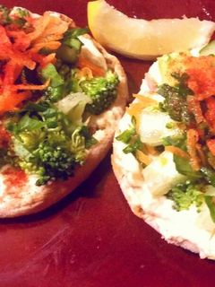 A picture of EASY Hummus, Veggie English Muffin Pizza (kid friendly, budget friendly!) .