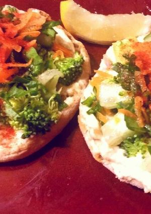 A picture of EASY Hummus, Veggie English Muffin Pizza (kid friendly, budget friendly!) .