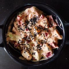 Potato-Beet Salad in Cucumber-tofu dressing A picture of Potato-Beet Salad in Cucumber-tofu dressing.