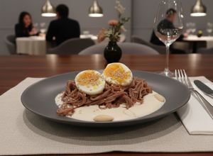 Una foto de Fideos Vermicelli Integrales sobre Salsa de Yogourt con Parmesano y Huevo duro
